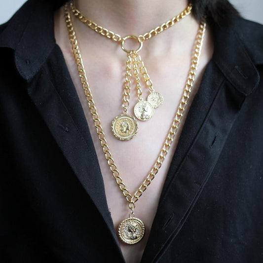 Jewelry retro temperament portrait pendant necklace female ins multi-layer stackable tassel necklace