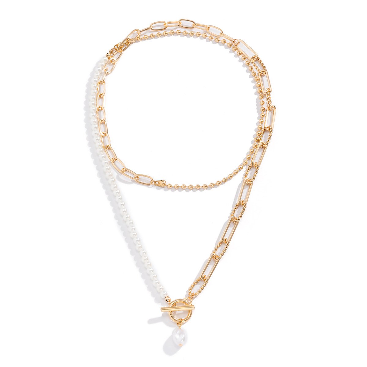 Jewelry Fashion Long Ball Chain Stacked Necklace Retro Personality Pearl Ot Buckle Necklace