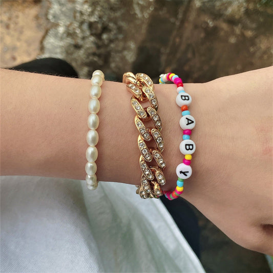 Jewelry Sweet Cool Imitation Pearl Alphabet Beads Bracelet Hip Hop Full Diamond Cuban Chain Bracelet Female