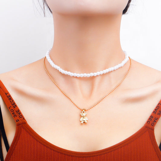 Jewelry Double Beaded Imitation Pearl Bear Pendant Necklace Women