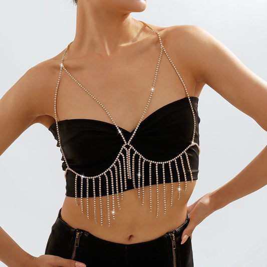 C289 Exaggerated Beach Bikini Sexy Body Chain Fashion Metal Tassel Diamond Temperament Chest Chain