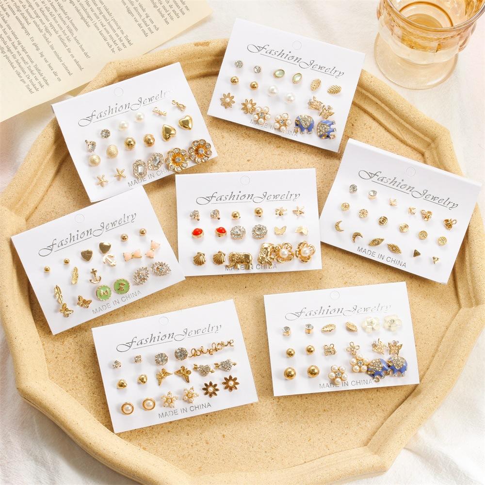 Simple Set Earrings Creative Cute Elephant Pearl Earrings Feminine Earrings Nine Pairs of Earrings