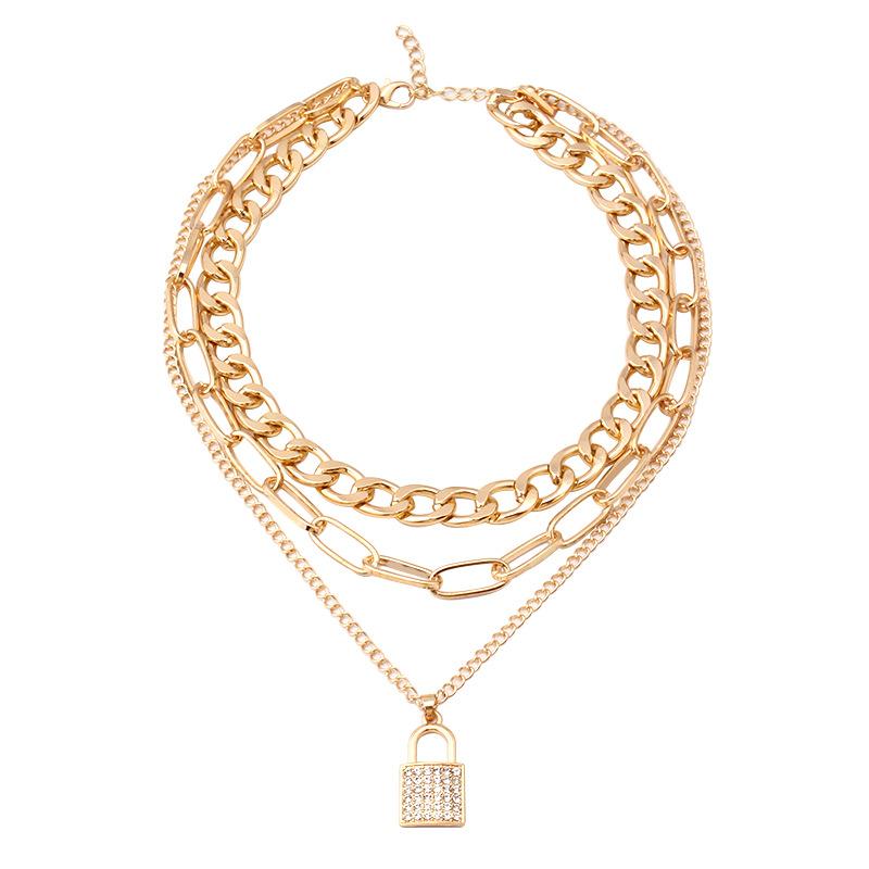 Jewelry thick chain multi-layer necklace punk temperament diamond padlock pendant multi-layer clavicle chain
