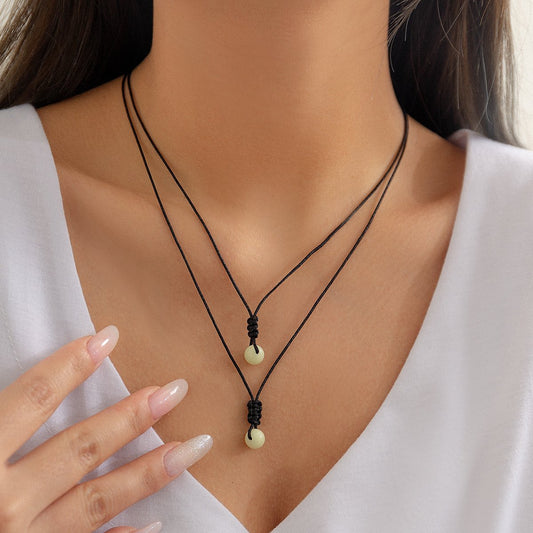 Jewelry Simple Double Layer Luminous Stone Pendant Necklace Women's Versatile Jade Line Adjustable Geometric Necklace