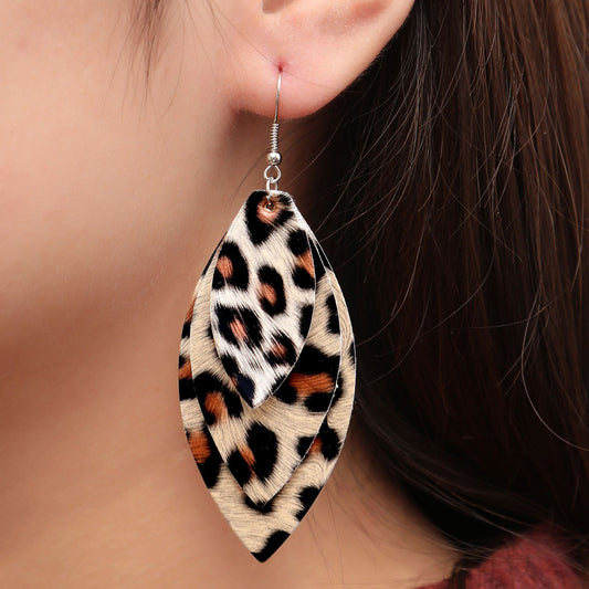 Fashion retro leopard earrings simple double layer pu leather earrings accessories