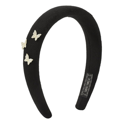 F561 Solid Color Retro Fashion Headband Thick Sponge High Skull Top Butterfly French Elegant Rhinestone Headband Female