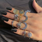 Jewelry cold geometric multi-element niche joint ring retro old star moon face makeup ring
