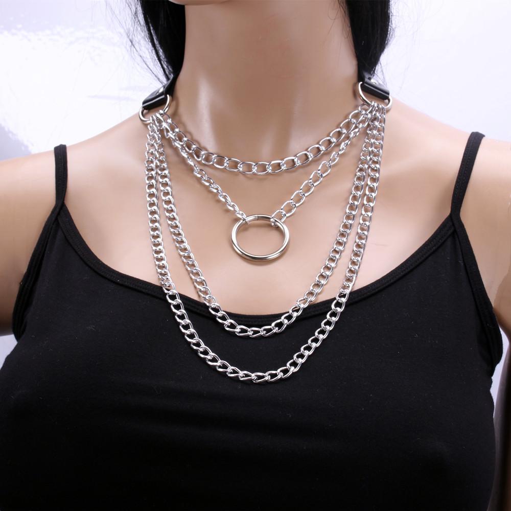 Jewelry personality exaggerated PU metal ring necklace retro punk multi-layer chain geometric necklace