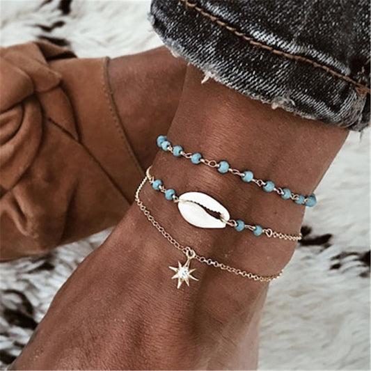 Jewelry summer popular rhinestone star pendant anklet woven rice beads shell anklet