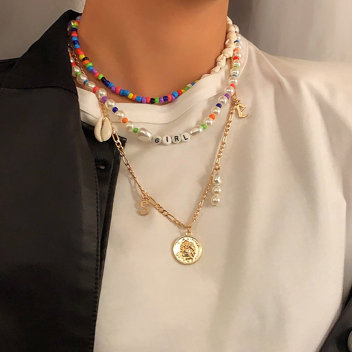 Jewelry Vacation Rice Bead Shell Clavicle Necklace Imitation Pearl Alphabet Portrait Tag Necklace
