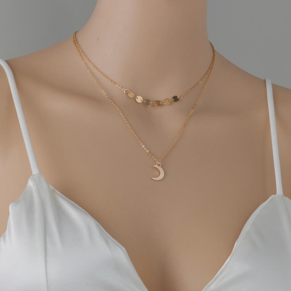 Jewelry Gold Chain Iron Single Hanging Moon Disc Chain Pendant Double Layer Necklace