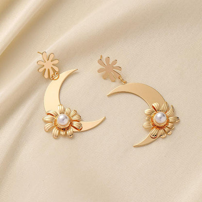 Pearl Moon Surrounding the Sun Ladies High Sense Exaggerated Moon Flower Pearl Earrings