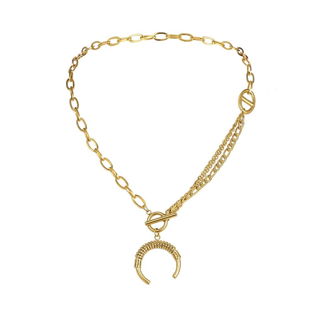 Jewelry Fashion Stainless Steel Gold Retro Curved Moon Pendant Necklace Personality Chain Clavicle Chain