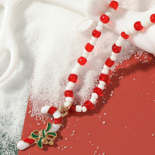 Handmade Beaded Necklace Christmas Gift Red Rice Beads Walking Stick Clavicle Chain Ethnic Necklace