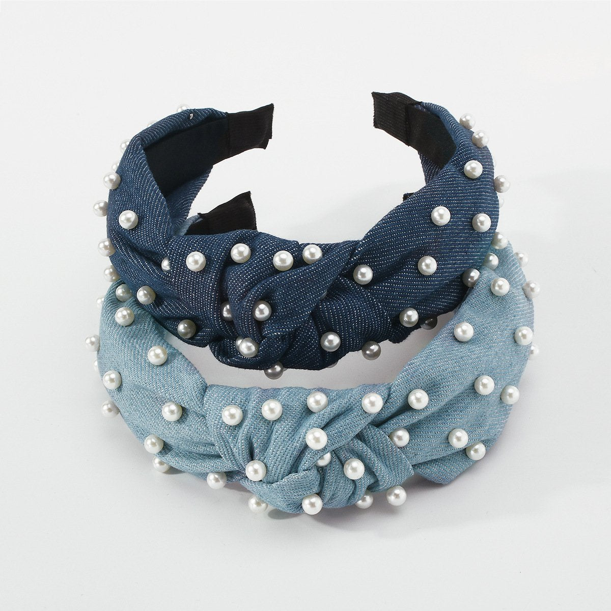 F479 Simple solid color knotted headband imitation pearl denim daily going out washing face ladies headband