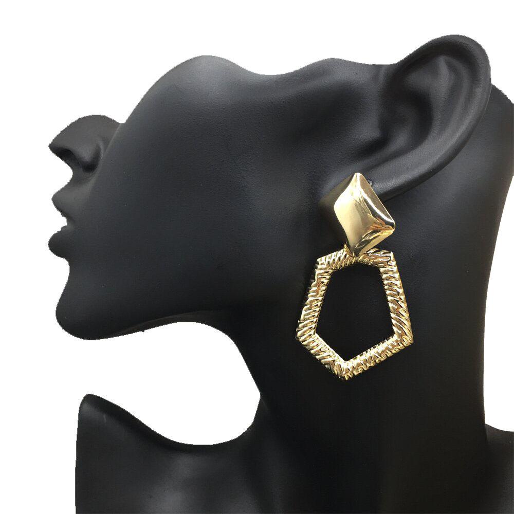 Textured hexagonal shaped ring earrings diamond-shaped bread earrings exaggerated earrings