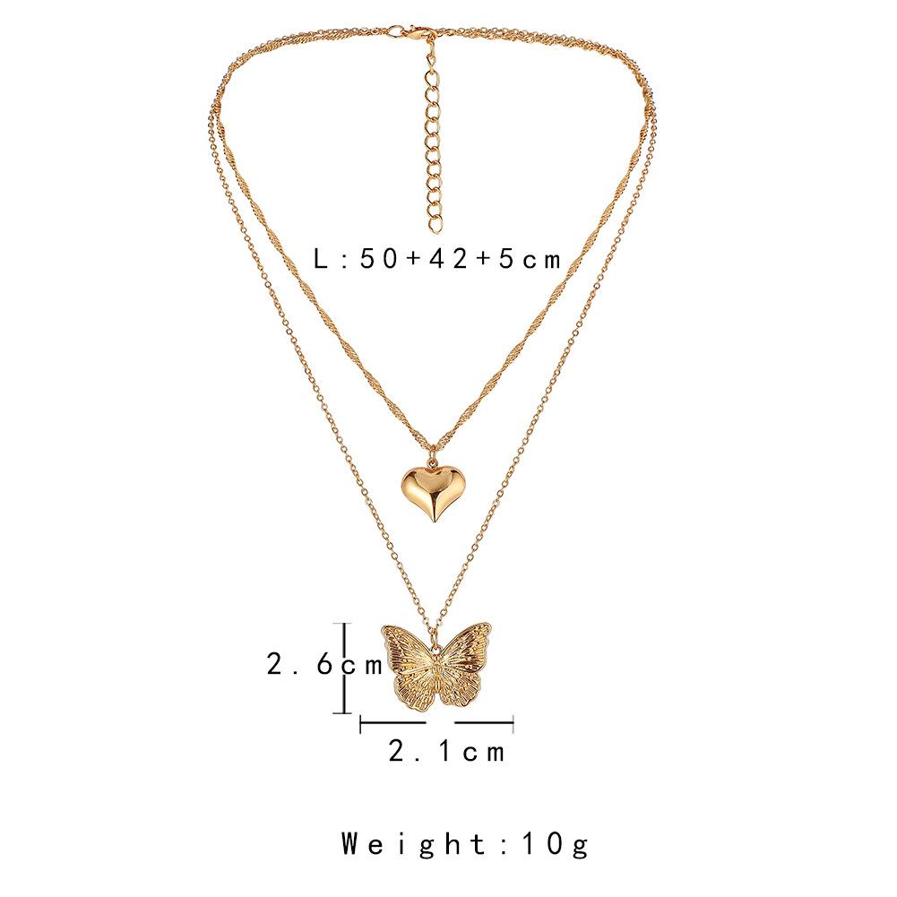 Love Butterfly Hanging Clavicle Pendant Simple Peach Heart Shaped Fashion Metal Double Layer Necklace Jewelry