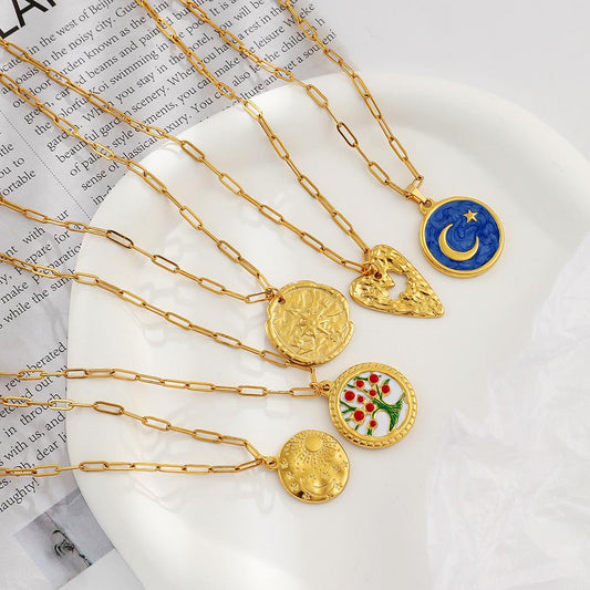 Stainless Steel Simple Design Tree of Life Cherry Ladies Gold Star Moon Round Coin Drip Oil Necklace