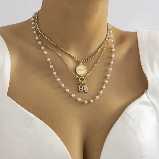 Jewelry Design Sense Simple Diamond Letter Tag Necklace Retro Versatile Pearl Chain Necklace