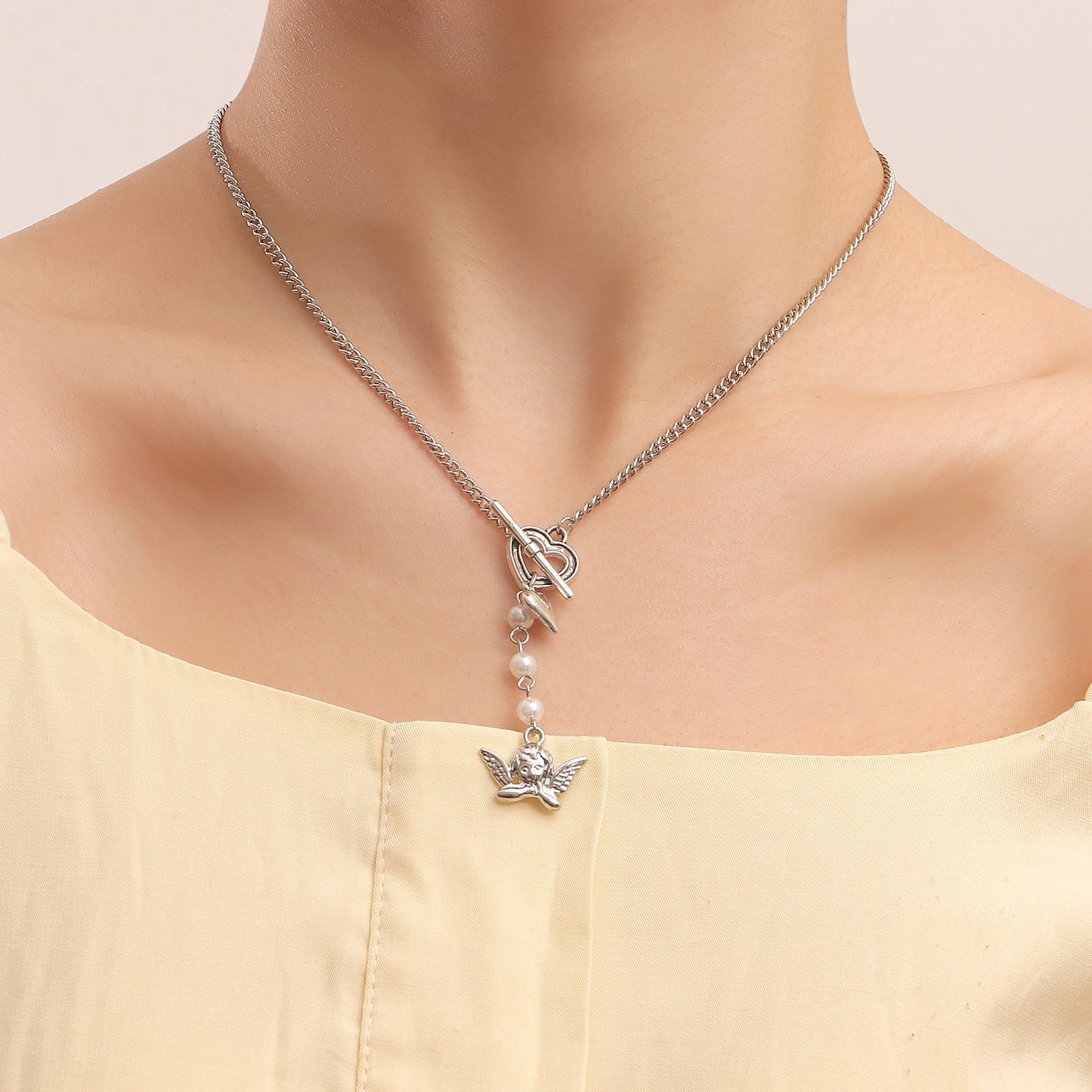 Jewelry Retro Little Angel Geometric Necklace Female Ins Temperament Imitation Pearl Love Tassel Necklace