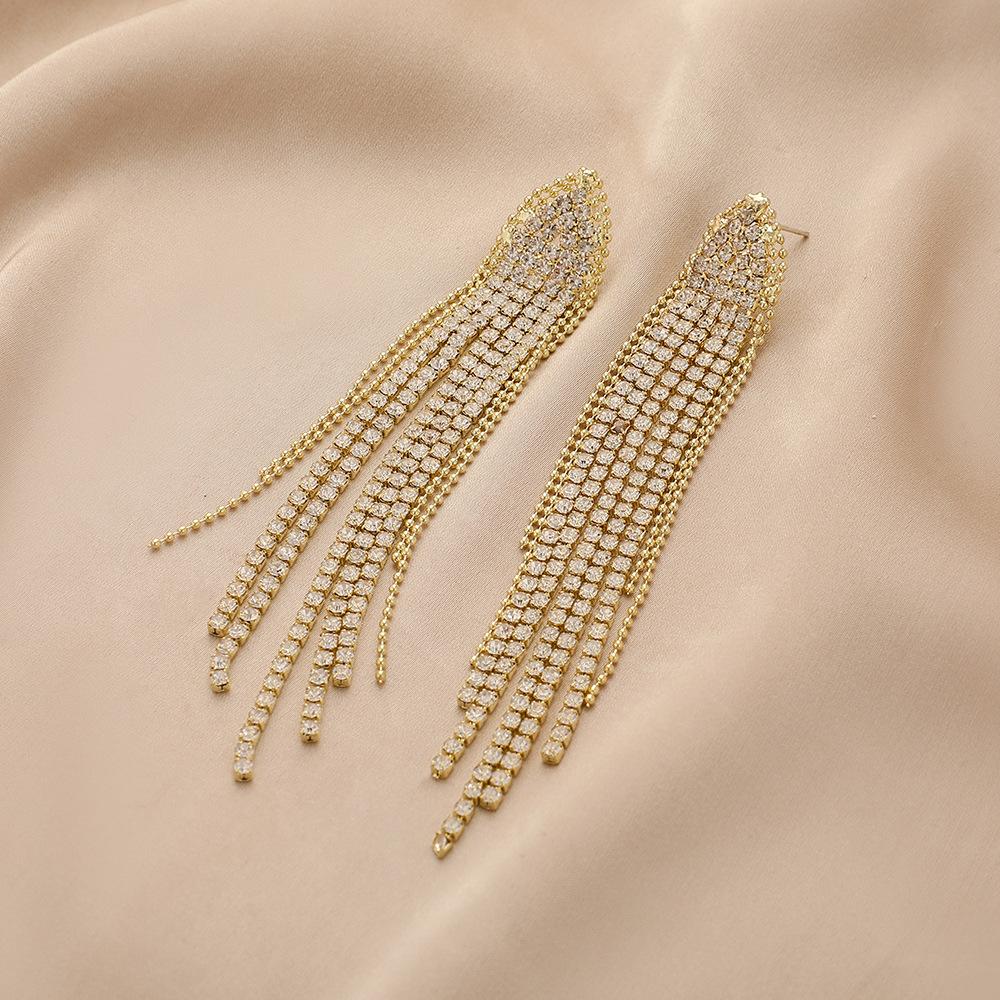 Explosive models full of diamond tassels long earrings fashion temperament show face small earrings ladies accessories