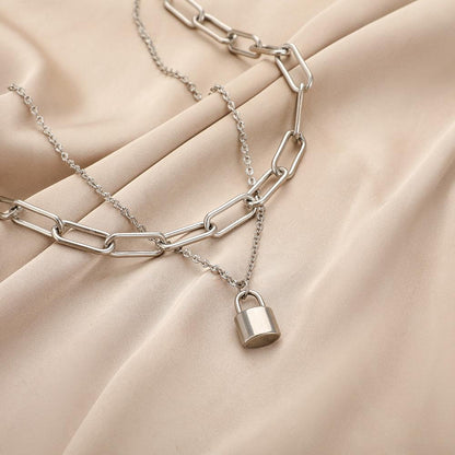 Fashionable and simple double-layer stacked stitching neutral cold stainless steel lock necklace