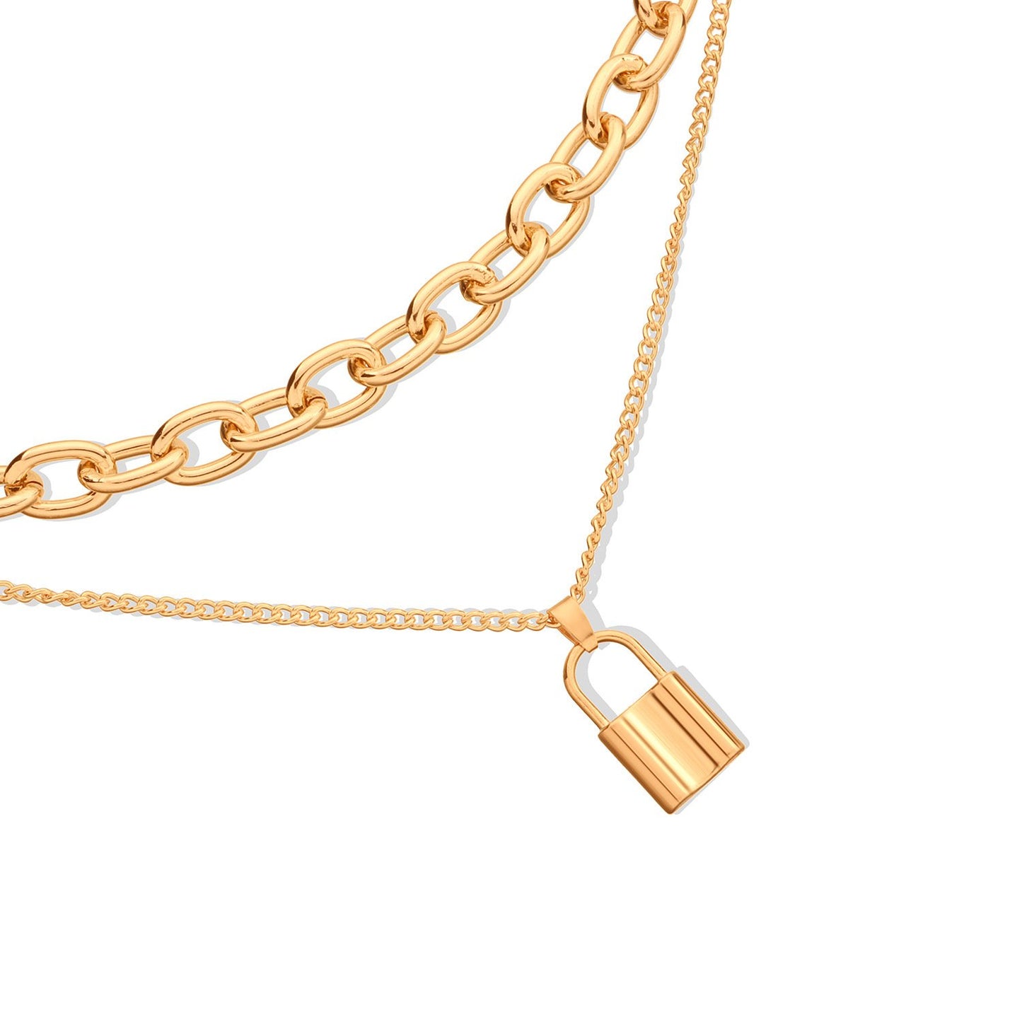 Jewelry Punk Aluminum Alloy Thick Chain Lock Pendant Necklace Ladies Street Retro Double Layer Necklace