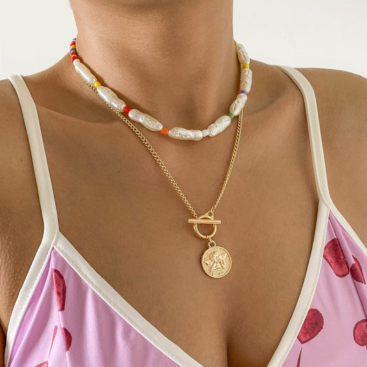 Jewelry Hip Hop Personality Metal Angel Tag Necklace Temperament Pearl Color Rice Beads Necklace Female