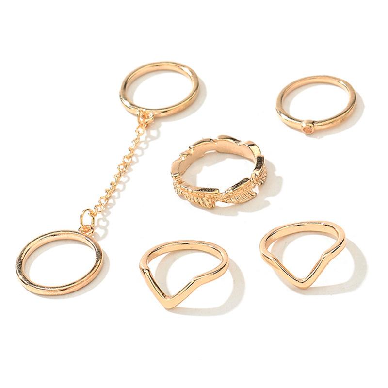 Personality fashion all-match ring diamond leaf leaf V-shaped joint finger chain 6-piece set finger