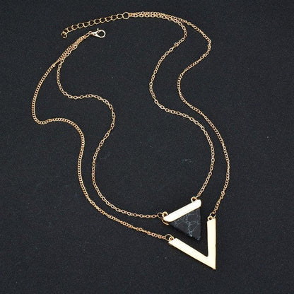 Popular official website with the same triangle turquoise pendant necklace V-shaped double-layer clavicle chain