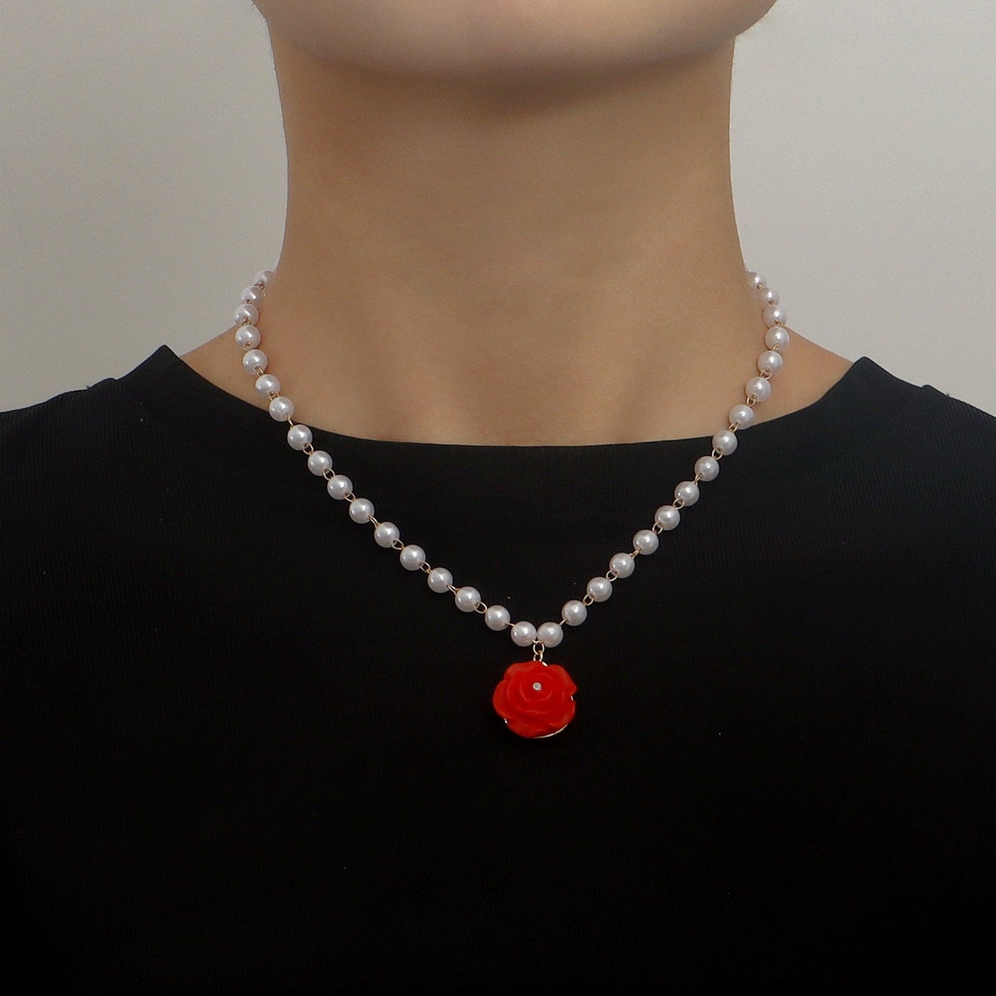 Jewelry Rose Pendant Imitation Pearl Necklace Sweater Chain Fashion Cold Versatile Design Sense Necklace