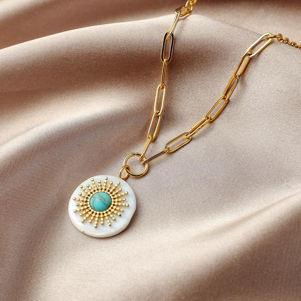 Fashion Jewelry Simple Stainless Steel Sun Turquoise Shell Pendant Necklace Fashion Titanium Steel Clavicle Chain