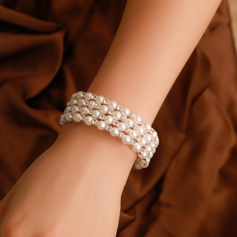 Jewelry sweet full diamond spring bracelet four layers of pearl winding spiral bracelet bridal jewelry