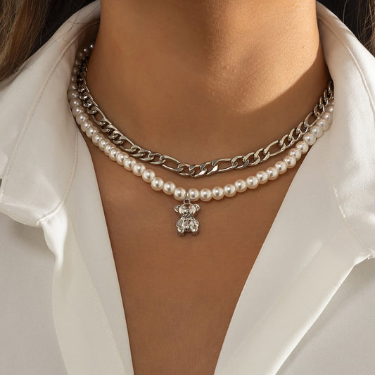 Jewelry Hip Hop Metal Bear Pendant Necklace Female Personality Versatile Pearl Chain Clavicle Necklace