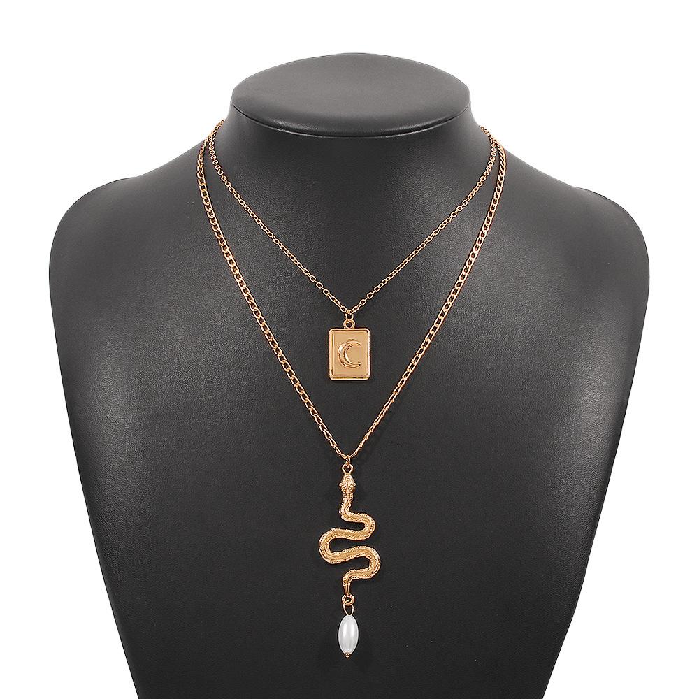 N9829 Double Layered Necklace Geometric Serpentine Square Card Pendant Necklace Simple Retro Creative Necklace Women