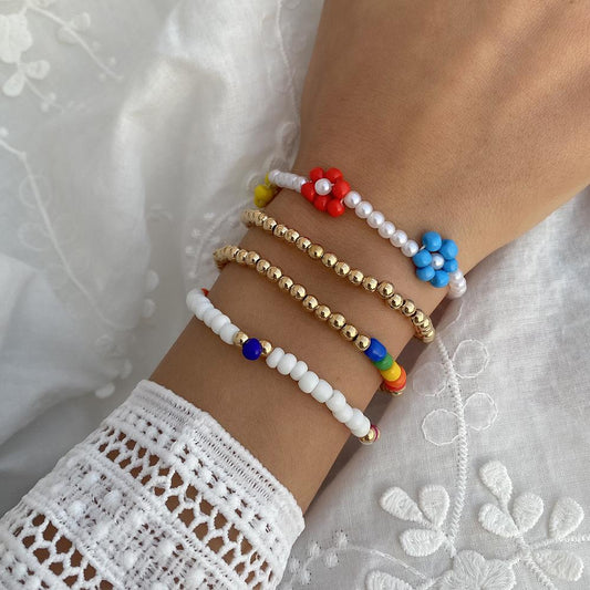 B1622 Jewelry Bohemian Color Rice Bead Bracelet Little Daisy Stretch Braided Jewelry for Women