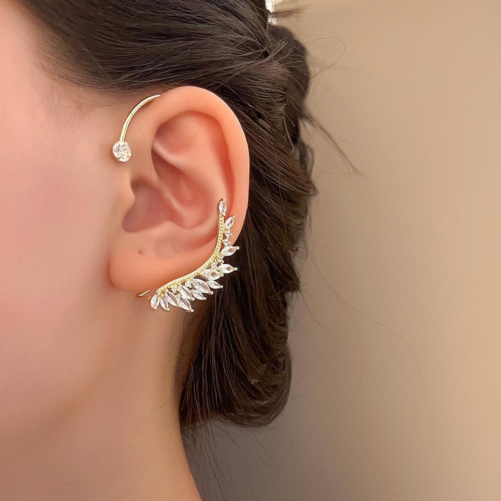 ins zircon leaf ear clip without ear piercing women's fashion light luxury niche design ear bone clip integrated earrings