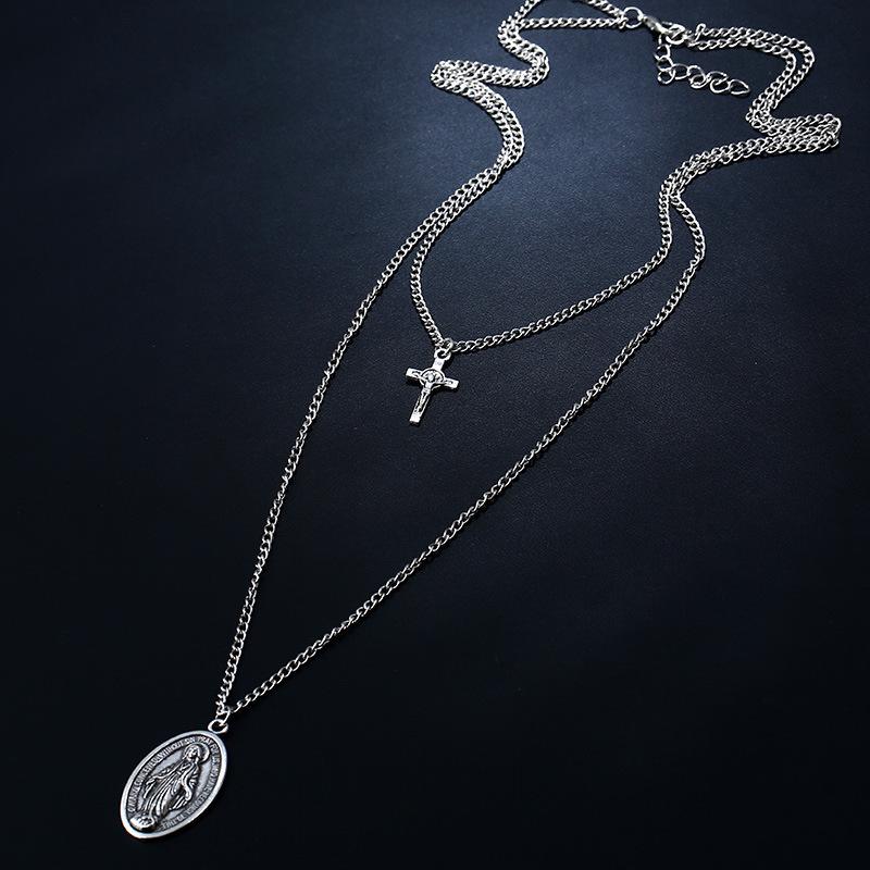 Grid Long Chain Cross Necklace Alloy Virgin Pattern Pendant Necklace