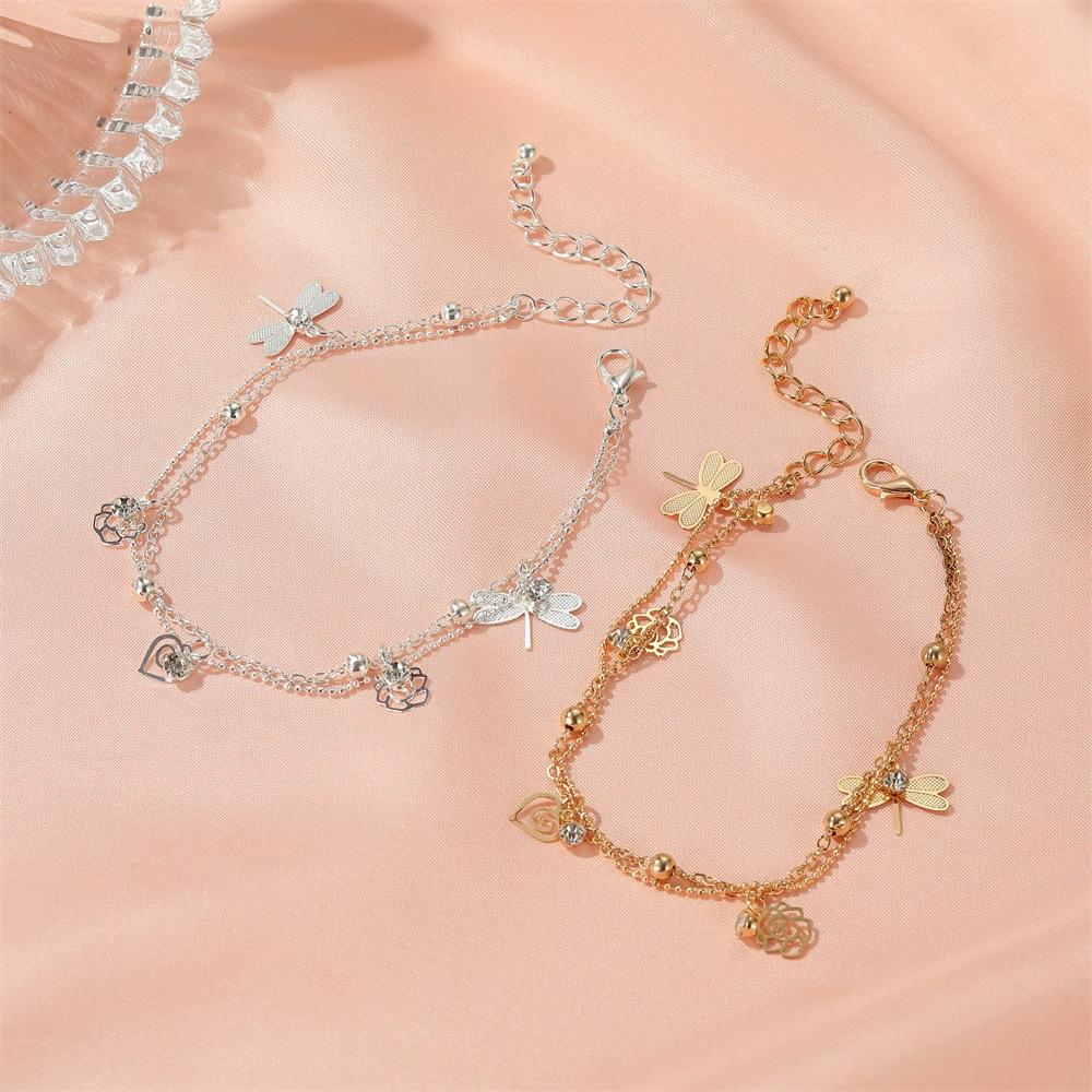 Summer Beach Foot Decoration Temperament Rose Dragonfly Anklet Fashion Ladies Double Layer Anklet