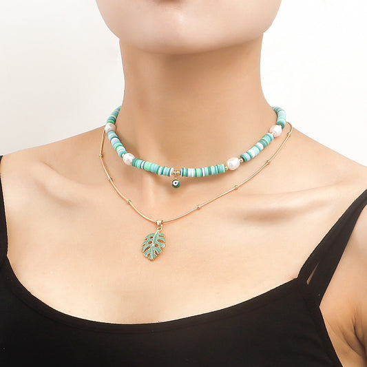 Jewelry bohemian green soft pottery dripping oil leaf necklace female double layer retro ethnic necklace