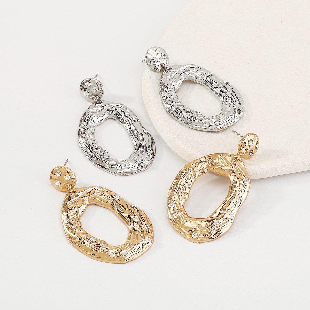 E1814 Retro Irregular Textured Earrings Female Baroque Micro-inlaid Rhinestone Metal Pop Earrings