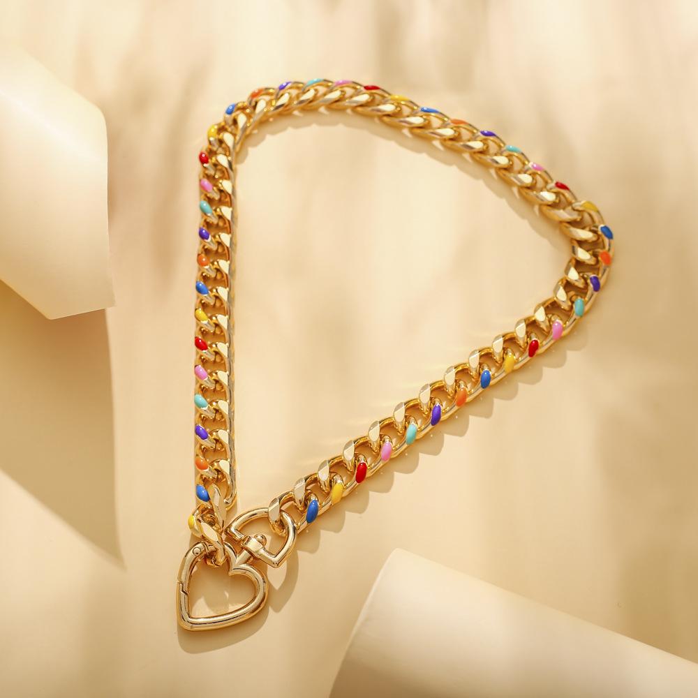 Retro Rainbow Drip Oil Chain Love Lock Short Necklace Personality Creative Temperament Clavicle Chain Female