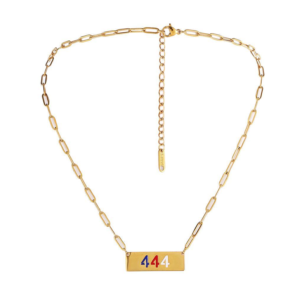 Niche fashion simple personality stainless steel angel number 444 color dripping oil square brand necklace female