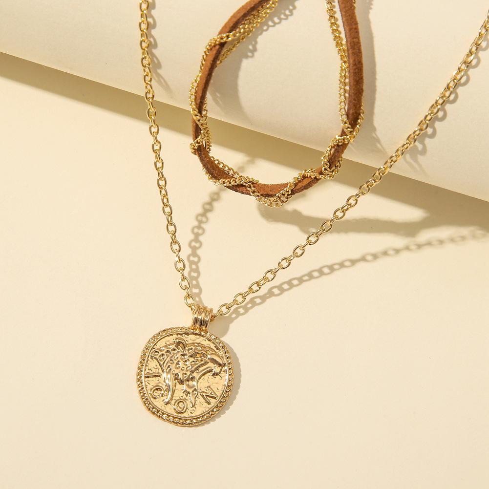 Ins simple personality double-layer suede rope chain winding coin pendant necklace clavicle chain female