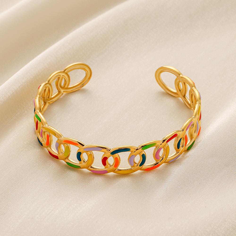 Simple fashion trendy design women's stainless steel opening color stitching O word painting oil bracelet