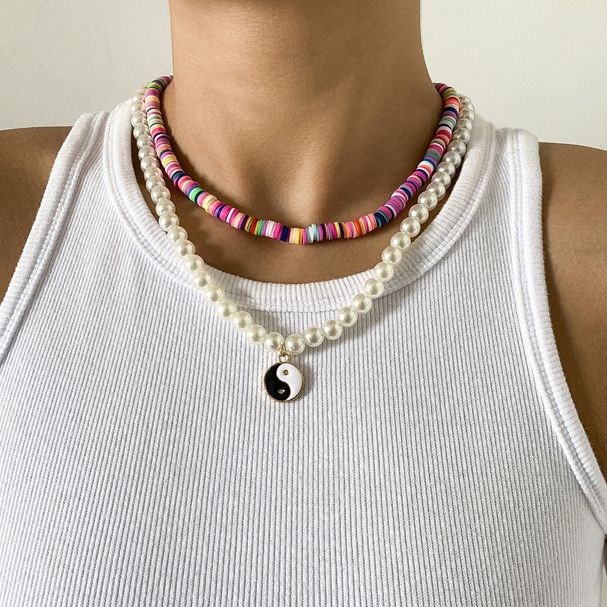 Jewelry Retro Soft Pottery Color Set Necklace Female Simple Tai Chi Imitation Pearl Geometric Necklace