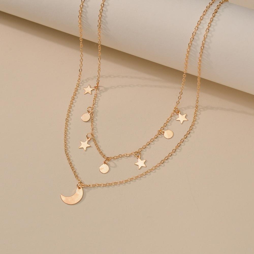 Fashion Iron Star Moon Necklace Double Clavicle Chain Necklace Ladies Accessories