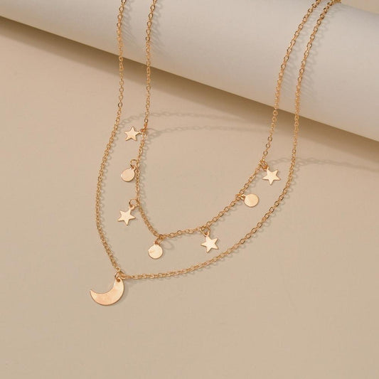 Fashion Iron Star Moon Necklace Double Clavicle Chain Necklace Ladies Accessories