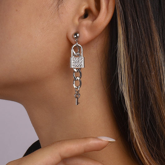 E1366 jewelry niche lock key micro-inlaid temperament earrings exaggerated chain love earrings female