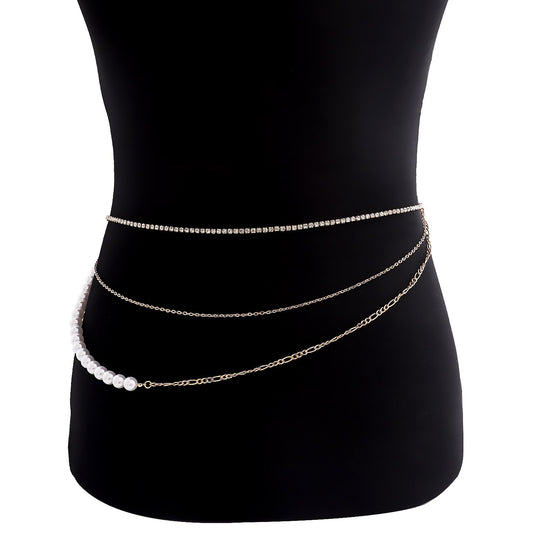 Jewelry trendy multi-layer imitation pearl diamond claw chain small fragrant waist chain female waistchain